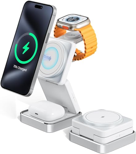 3-in-1 Wireless Charger for iPhone,15W Fast Wireless Charging Station Compatible with Mag-Safe Charger,Magnetic Foldable Travel Charger Stand Nightstand for iPhone 17/16/15/14/13,Apple Watch&AirPods - color: White