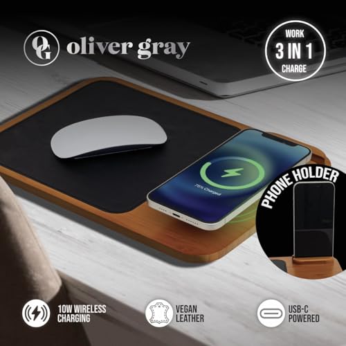 Oliver Gray Mousepad with Wireless Charger - 3-in-1 Wooden Wireless Charging Station & Phone Holder, Premium Vegan Leather Desk Charger Mat for iPhone, Android