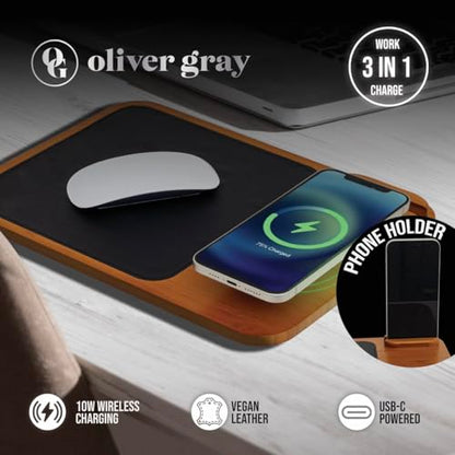 Oliver Gray Mousepad with Wireless Charger - 3-in-1 Wooden Wireless Charging Station & Phone Holder, Premium Vegan Leather Desk Charger Mat for iPhone, Android