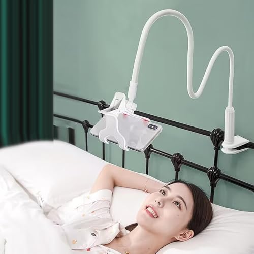 Bed Phone Holder Laying – Durable High-Performance Ergonomic Lightweight Versatile Down Flexible Desktop Stand, Compact, Cell Clip Long, Arm Gooseneck Bracket Mount Clamp | Desk Premium - color: White