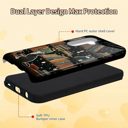 Cute Cat Bookshelf Phone Case for Samsung Galaxy S25, Dual Layer Shockproof Rugged Cover with Soft TPU + Hard PC, Anti-Scratch Slim Fit Wireless Charging Compatible - color: Cute Cat Bookshelf, size: 6.2" Galaxy S25