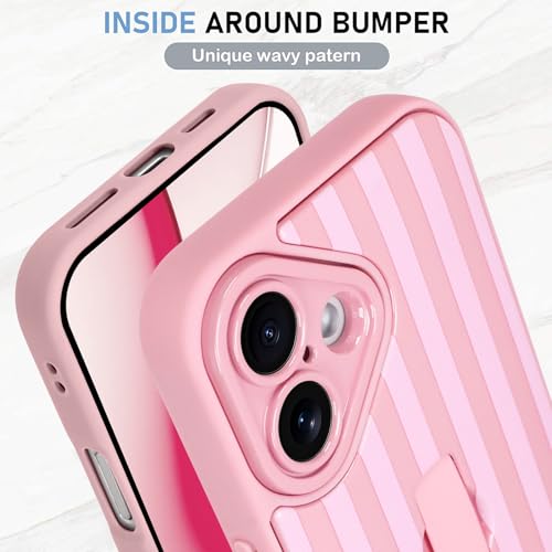 KANGHAR Compatible with iPhone 17 Case 2025 Stripes -Pink | Silicone Cute Pattern, Wristband Kickstand Camera Protection Soft Slim Cover for Girls Women - color: Pink-Stripes, size: iPhone 17