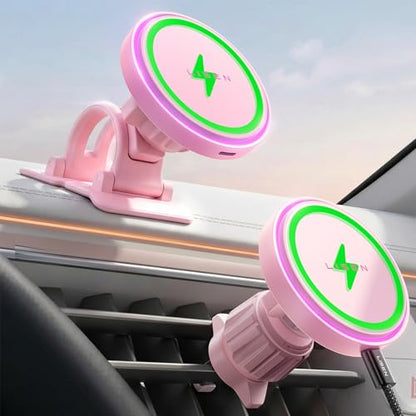 LISEN 15W MagSafe Car Mount Charger Phone 18,[Light Pink] Magnetic Wireless Car Charger, Dashboard & Air Vent Car Phone Holder Mount for iPhone 17-12, Samsung, Pixel, Cute Car Accessories for Women - color: Light Pink