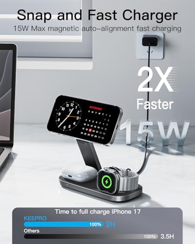 Keepro 3-in-1 Charging Station for Apple Device, Foldable Magnetic Wireless Fast Charger Stand Compatible with MagSafe for iPhone 18/17/16/15/14/13/12/Air/Duo Series, Apple Watch & AirPods-Black - color: Black