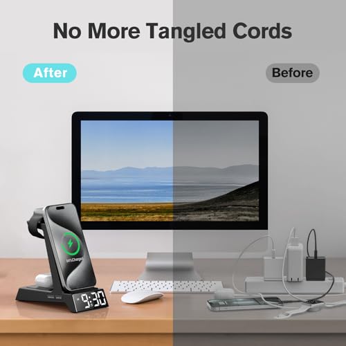 ANJANK 4 in 1 Wireless Charging Station Alarm Clock, Charging Dock for Apple Devices, Charger Stand for iPhone 18 Duo 17 Air 16 15 14 Series for Apple Watch 12 11 10 9 8 7 UItra/SE & AirPods, Dimmable - color: Black