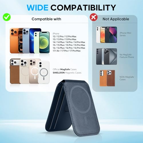 SHIELDON Genuine Leather Magnetic Wallet Stand for MagSafe, Navy Blue | Strong Magnetic, 6 Card Holders, Kickstand, Rfid Blocking, Quick-access, ID Window, for iPhone 17/16/15/14/13/12 Series - color: Navy Blue
