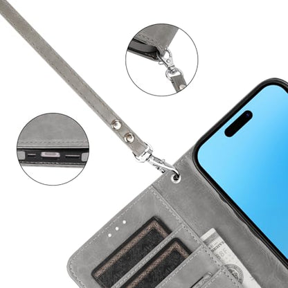 Bocasal Detachable Wallet Case Card Holder for iPhone 16, Grey | RFID Blocking Kickstand Card Slots Holder PU Leather Magnetic Shockproof Wrist Strap Removable Flip Protective Cover 6.1 inch - color: Gray