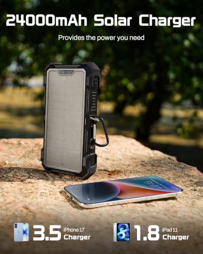 GOODaaa Solar Power Bank 24000mAh, Portable Charger with 4 Built-in Cables - color: Deep Black