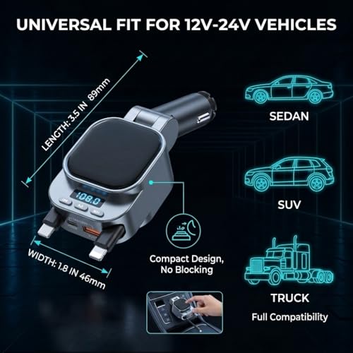 Bluetooth 5.3 Car Adapter, 96W FM Transmitter, 4-in-1 Retractable Charger