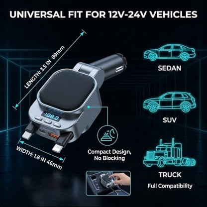 Bluetooth 5.3 Car Adapter, 96W FM Transmitter, 4-in-1 Retractable Charger