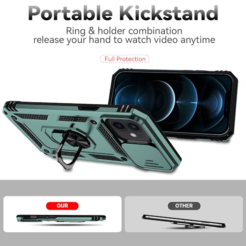 for iPhone 12 Mini Case with Camera Lens Cover Screen Protector, Dual Layer Military Grade Drop Protection Magnetic Ring Holder Kickstand Protective Phone Case for iPhone 12 Mini 5.4 inch (Dark Green) - color: Dark Green with camera cover Military-Grade
