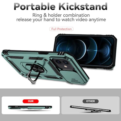 for iPhone 12 Mini Case with Camera Lens Cover Screen Protector, Dual Layer Military Grade Drop Protection Magnetic Ring Holder Kickstand Protective Phone Case for iPhone 12 Mini 5.4 inch (Dark Green) - color: Dark Green with camera cover Military-Grade