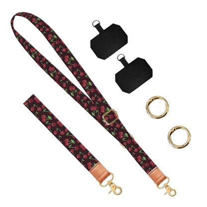 Phone Lanyard Crossbody Wrist Strap, Universal Adjustable Neck Strap for Phone Case Keys ID Badges, Travel Essential - color: Black Red Cherry