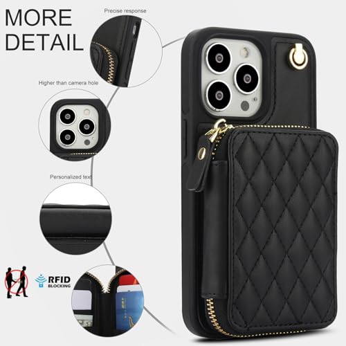 Phone Case for iPhone 14 Pro 6.1 inch Wallet Cell Cover with Tempered Glass Screen Protector Wrist Crossbody Strap RFID Blocking Card Holder iPhone14Pro 5G i i-Phone i14 iPhone14 4 14Pro Women Black - color: Black