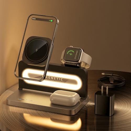3 in 1 Wireless Charging Station for Apple MagSafe Charger,Magnetic Wireless Charger Stand for iPhone 16 15 14 13 12,Foldable Nightstand Charging Dock for Apple Devices iWatch,AirPods with Night Light - color: Black