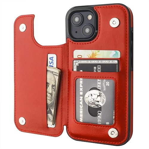 ONETOP for iPhone 15 Wallet Case with Credit Card Holder,Red | Kickstand,ID/Cash Holder,Case Wallet with Card Slots,Double Magnetic Clasp,Durable PU Leather Shockproof Cover for Women Men - color: Red