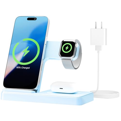 Wireless Charging Station for Apple Devices, 3 in 1 Foldable Charger Stand - color: Blue