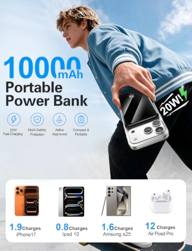 golioklsy Portable Charger Power Bank, 10000mAh Phone Charger with Built-in Cable, 20W PD Fast Charging, Slim Battery Pack with LED Display, Travel Essential for iPhone 17/16/15/14 All Series, Black - color: 01.Black