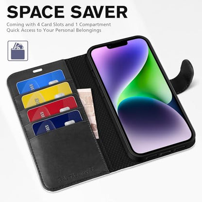 TUCCH Case Wallet for iPhone 14 (6.1"), RFID Blocking Folio, Black & White | 4 Card Holders, Kickstand, PU Leather, Magnetic Closure, Shockproof TPU Shell, Protective Flip Cover - color: Black & White