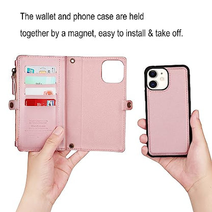 for iPhone 11 Wallet Case for Women, Support Wireless Charging with RFID Blocking Card Holder, Leather Zipper Detachable Magnetic Phone Case with Crossbody Strap Lanyard, Pink