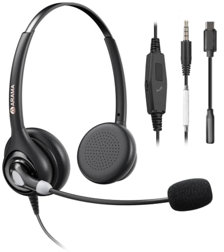 Arama Cell Phone Headset with Mic, 3.5mm Wired, USB-C Adapter