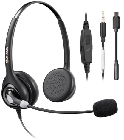 Arama Cell Phone Headset with Mic, 3.5mm Wired, USB-C Adapter