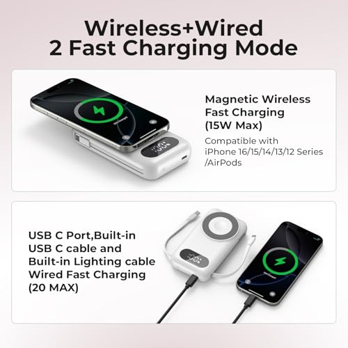 Magnetic Portable Charger 26800mAh for iPhone 18/17/16/15/14/13/12 with Built-in Cables，6-in-1 Wireless Power Bank with iWatch Charger and Compatible with Samsung, Android Phones(White)