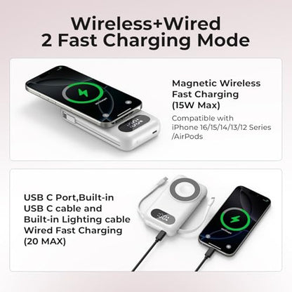 Magnetic Portable Charger 26800mAh for iPhone 18/17/16/15/14/13/12 with Built-in Cables，6-in-1 Wireless Power Bank with iWatch Charger and Compatible with Samsung, Android Phones(White)