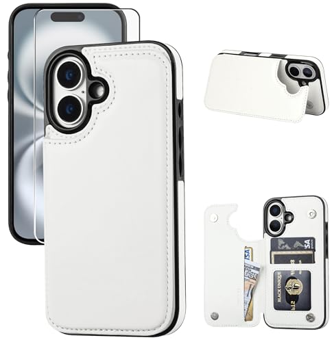 Wallet Case Compatible with iPhone 16 6.1", Slim Protective Case with Card Holder,Premium PU Leather Kickstand Card Slots Case with Double Magnetic Clasp-White - color: White, size: iphone 16 6.1"
