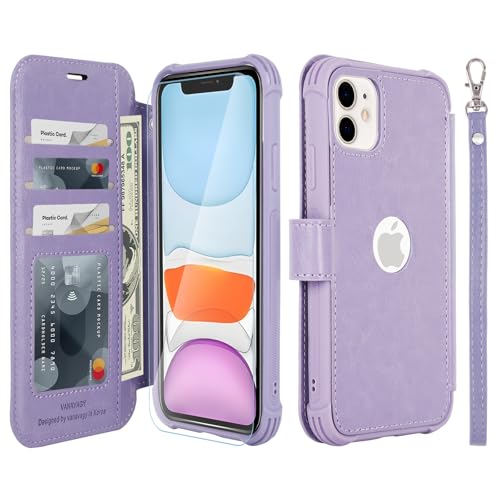 VANAVAGY Wallet Case for iPhone 11 6.1 inch, Clove Purple | 12ft Drop-proof Cover for Women Men, Silm PU Leather, RFID Blocking Card Holder, Wrist Strap, Screen Protector - color: Clove Purple