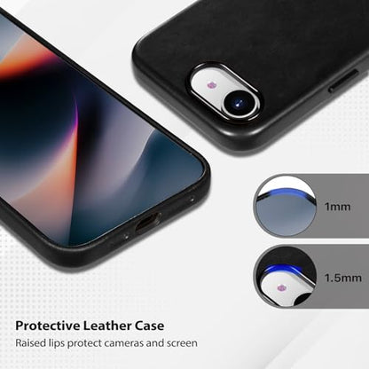 Belemay Handcrafted Full-Grain Vegetable-Tanned Leather Case for iPhone 17e / iPhone 16e, Compatible with MagSafe, Two-Tone Effect, Natural Patina, Metal Buttons Luxury Cover (6.1"), Black - color: Black