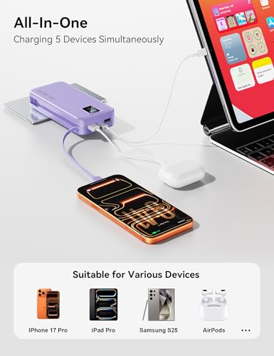 Portable Charger 20000mAh 22.5W w/Built-in Cable & Wall Plug Purple - color: Violet