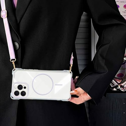 Magnetic for iPhone 17 Pro Crossbody Phone Case,Clear/Purple,Clear Magnetic Soft Frame PC Back Shockproof Protective Phone Cover with Adjustable Detachable Lanyard,Compatible with MagSafe - color: Clear/Purple, size: iPhone 17 Pro