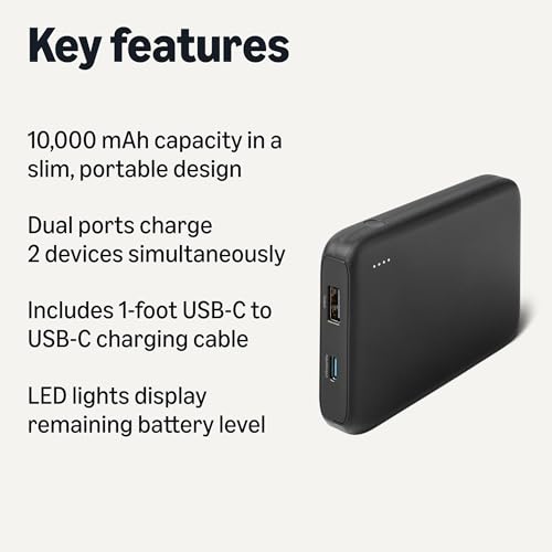 Amazon Basics Slim Portable Charger Power Bank with LED Display, 10,000 mAh, Black - style: 10000 mAh