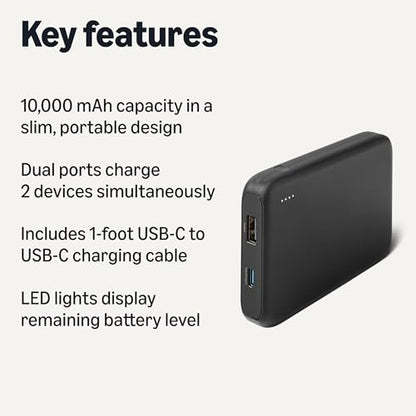 Amazon Basics Slim Portable Charger Power Bank with LED Display, 10,000 mAh, Black - style: 10000 mAh