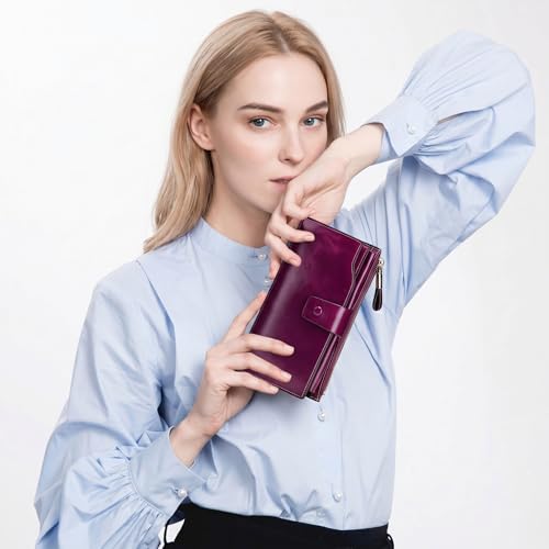 YALUXE Women's Real Leather Wallet RFID Protect 21 Card Slots Phone Pocket - color: 5- Waxed Fuchsia, size: Genuine Leather
