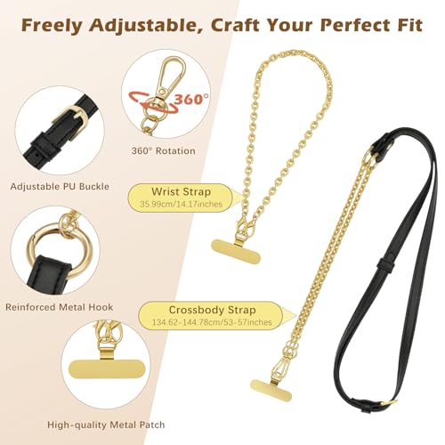 MoKo Universal Phone Crossbody Lanyard Phone Chain, Anti-Theft Adjustable Cellphone Cross Body Neck Strap & iPhone Wrist Strap with 2×Metal Tether Tabs for iPhone 17, Most Smartphones, Black&Gold - color: Black&gold