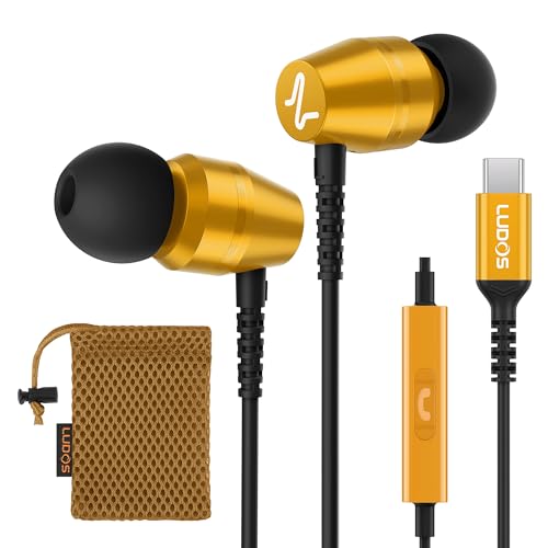 LUDOS OMNITONE USB C Headphones for iPhone 17 16 15 Pro Max Plus Air iPad Pro, 5 Years Warranty, USB-C Earbuds for Samsung Galaxy S24 S23 Ultra S22 S21 FE S20 Z Flip 3 Fold 4, USB Type C Earphones - color: Gold, style: USB-C