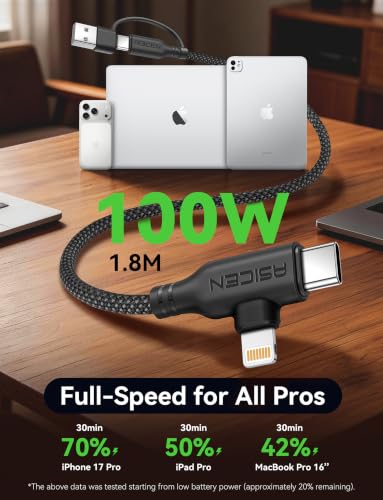 ASICEN 100W PD 2 in 2 Multi Charging Cable,6ft Braided USB C to 90°Lightning Cable 5A Fast Charging with USB A/C to C/L for iPhone Series/MacBook/iPad/Galaxy/Switch 2,Multi Chargers (2, Black, 6Ft) - color: Black, size: 6Ft