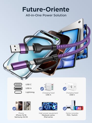 USB C to Lightning Cable, 60W 4 in 1 Fast Charging Cable Apple MFi Certified USB A to Lightning Cord Nylon 6ft USB C to USB C Charger Cord for iPhone 17 16 15 14 Pro/iPad/Samsung S25/MacBook/Switch 2