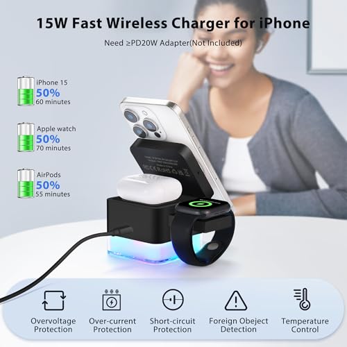 15W Wireless Charger 3-in-1 Apple Charging Station with Night Light - color: Black