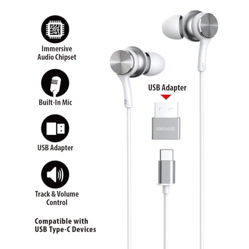 Maxell USB-C Wired Earbuds with USB-A Adapter, Built-in Microphone with Volume and Track Control, Compatible with All Devices with a USB-C and/or USB-A Port, Immersive Digital Chipset, White, 197293 - color: White