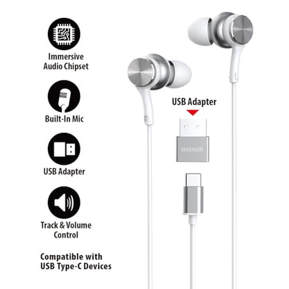 Maxell USB-C Wired Earbuds with USB-A Adapter, Built-in Microphone with Volume and Track Control, Compatible with All Devices with a USB-C and/or USB-A Port, Immersive Digital Chipset, White, 197293 - color: White
