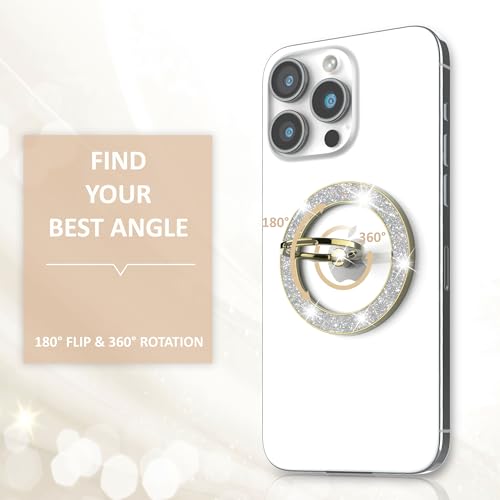 Pikabo Magnetic Phone Ring Holder for MagSafe, Glitter Phone Grip Stand - color: Glitter Gold