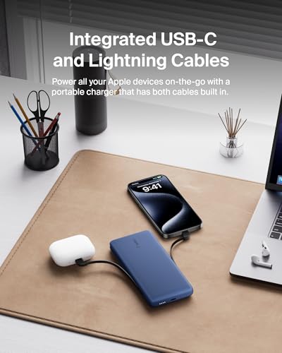 Belkin 10K 23W Portable Charger Power Bank, Integrated USB C and LTG Cables - Recommended Uses for Product - color: Blue