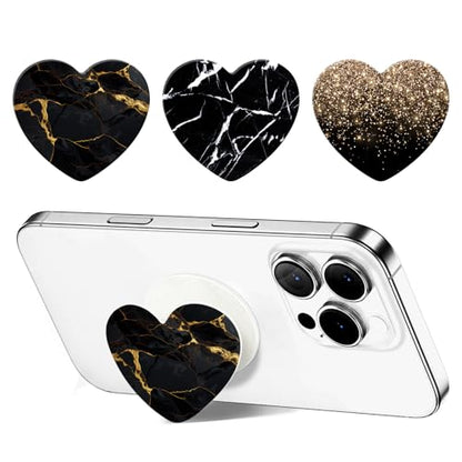 3 Pack Expandiing Cell Phone Grip Heart Shape Glass Finger Holder for Smartphones, Cellphone Collapsible Stand - Black Gold Marble