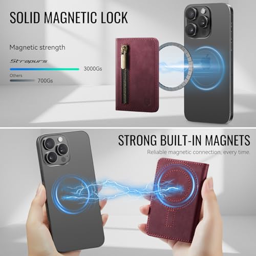 Strapurs Magnetic Card Holder Compatible with MagSafe Phones and Cases, PU Leather Phone Wallet for iPhone 17/16/15/14/13/12/Pro/Max/Plus/Air, 4 Card Slots RFID Blocking with Zipper Pocket - Burgundy - color: Wine Red