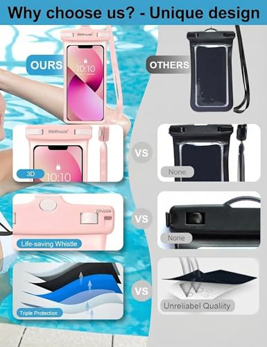 wellhouse 3D Waterproof Phone Pouch with Lanyard,Premium TPU100FT Deep Waterproof Phone Case for iPhone 17 16 15 14 13 12 Pro Max XS Samsung,Snorkeling, Surfing, Kayaking,Skiing,Hot Springs - color: 1 Pack - Pink7.0"