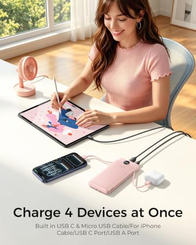 VEGER Portable Charger for iPhone, Power Bank Built in Cables and Wall Plug - color: Crepe