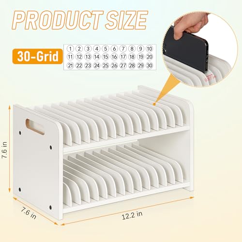 30-Grid Wooden Cell Phone Holder stand with 1-30 Number Stickers, White - color: White
